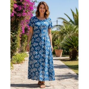 New Aura Button Down Maxi Shirt Dress Fish Pleated Cottage Rayon Blue Size S NWT